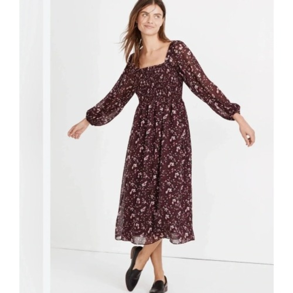 Madewell Smocked Midi Dress Large Burgundy Pink Floral Square Neck Long Sleeve